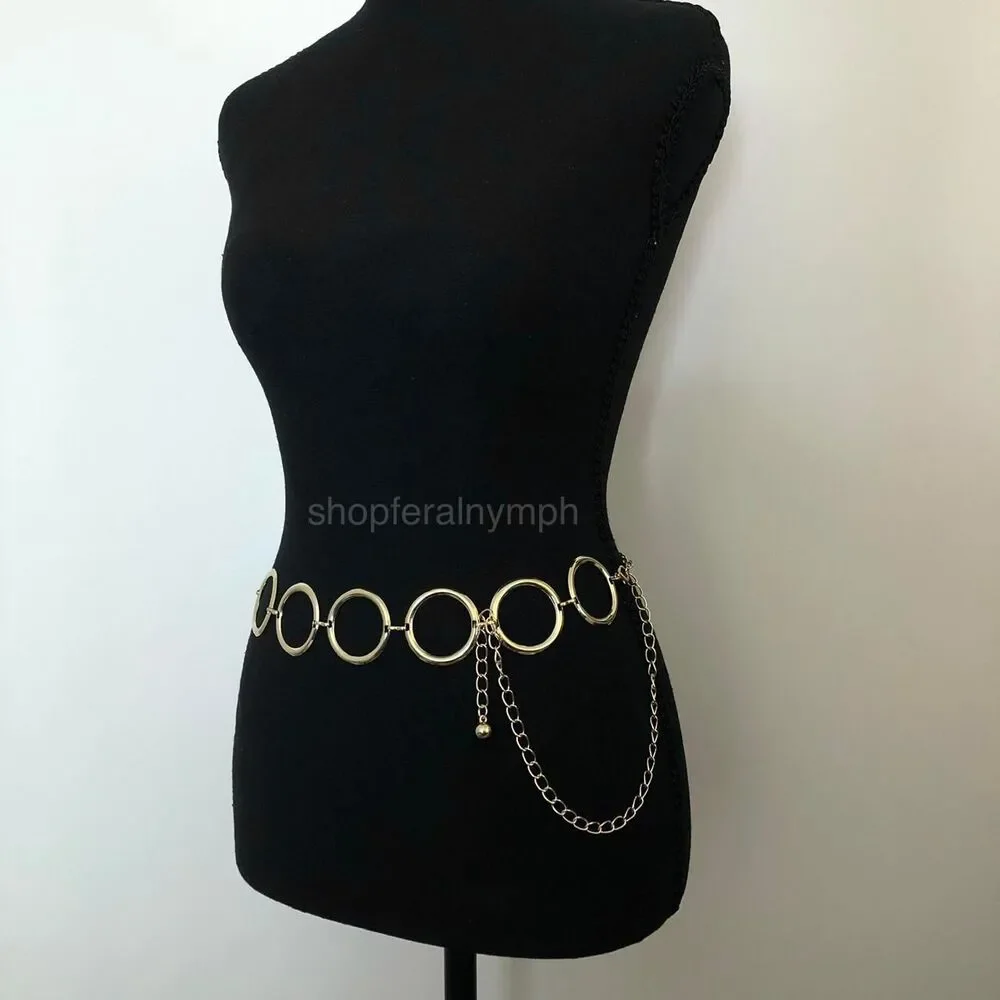 Vintage Y2K Retro Gold Open Circle Chain Belt, Fits 25–44 Inches, X7GA1191